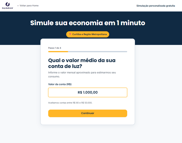 Simulador da Sunray, etapa 1: valor médio da conta de luz