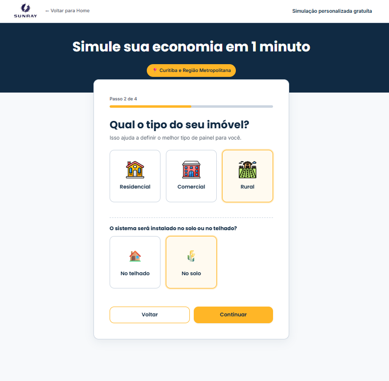 Simulador da Sunray, etapa 2: tipo de imóvel e local de instalação