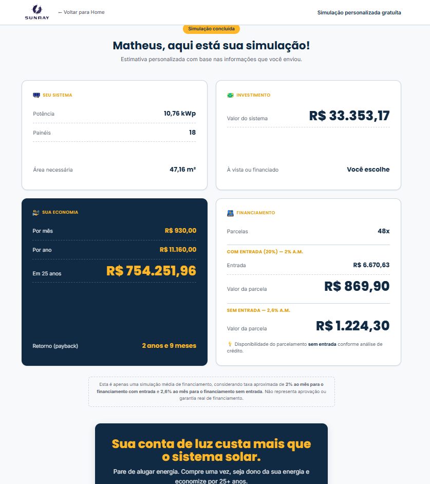 Resultado do simulador: sistema, investimento, economia e financiamento calculados