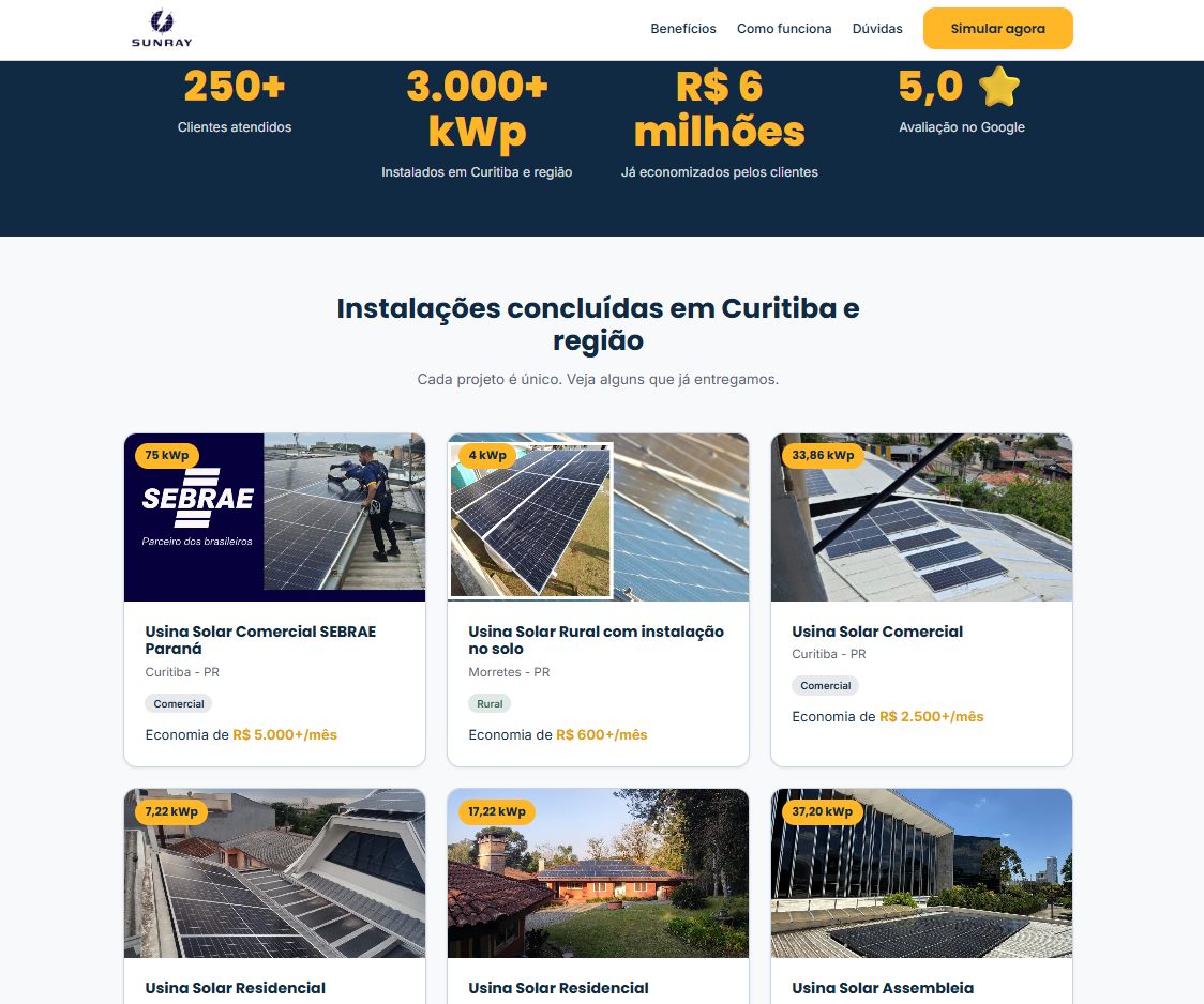Página de vendas da Sunray criada pela MC Software, com números da empresa e instalações concluídas em Curitiba